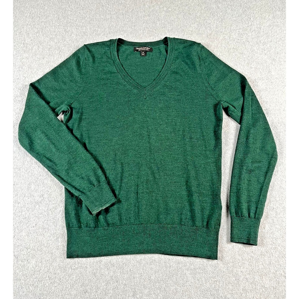 Banana Republic V-Neck Sweater Mens Medium Green 100% Merino Wool Long Sleeve